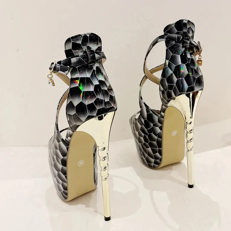 Platform High Heels Pumps Sandal Women Sexy Snake Print Peep Toe Buckle Strap Ladies Banquet Dress Shoe