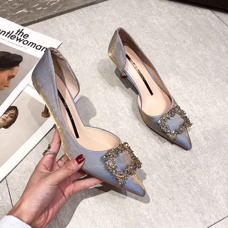 Pointed Toe Shoes Women's Side Hollow Rhinestones