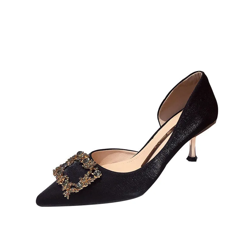 Pointed Toe Shoes Women's Side Hollow Rhinestones