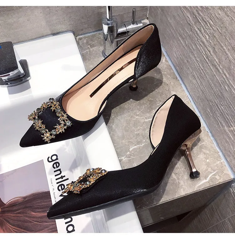 Pointed Toe Shoes Women's Side Hollow Rhinestones