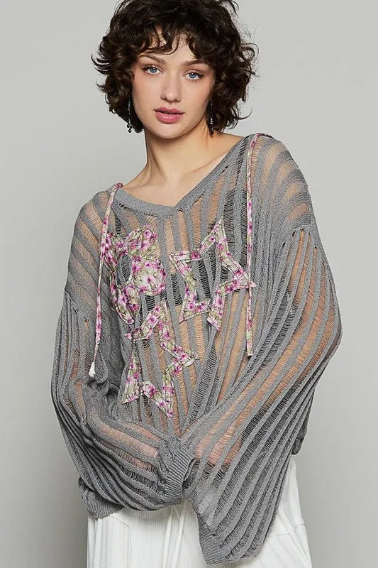 POL Floral Print Star Patch Lightweight Hooded Knit Cover Up