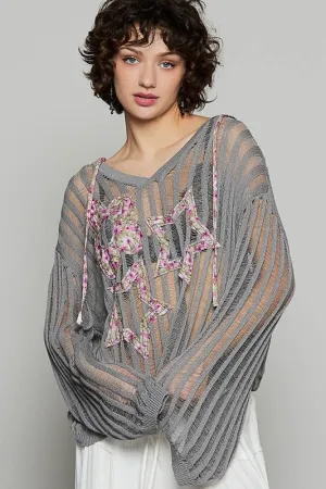 POL Floral Print Star Patch Lightweight Hooded Knit Cover Up