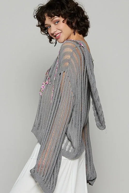 POL Floral Print Star Patch Lightweight Hooded Knit Cover Up