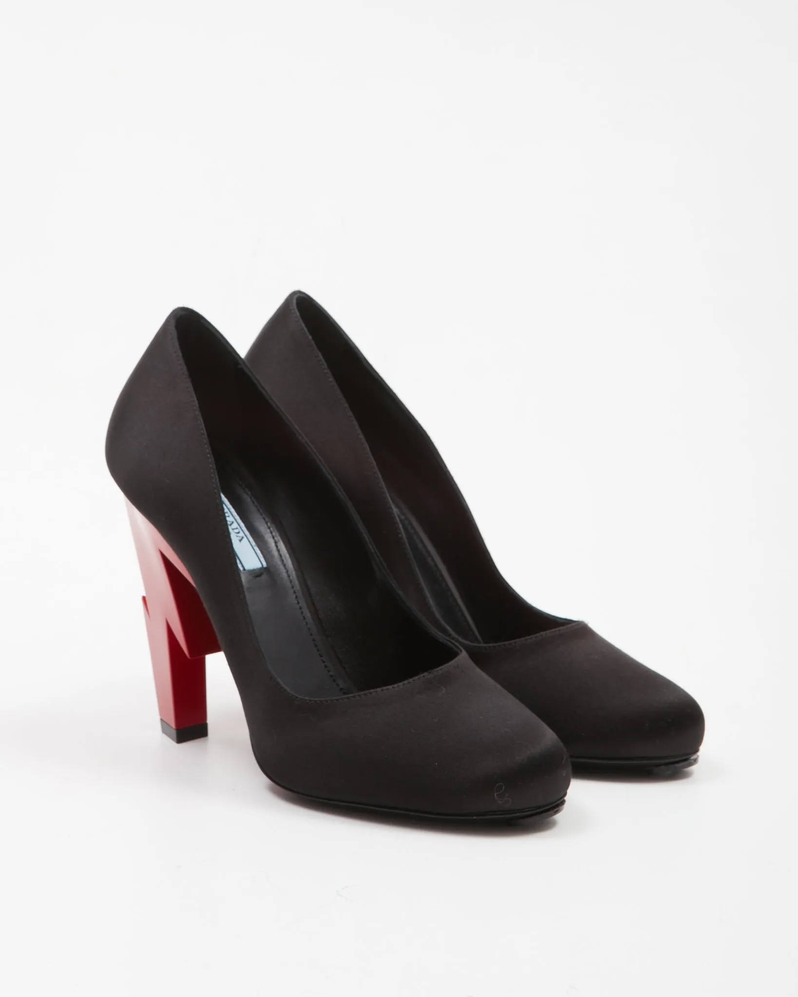 Prada Black Satin & Red Bolt Heel Pumps - 39