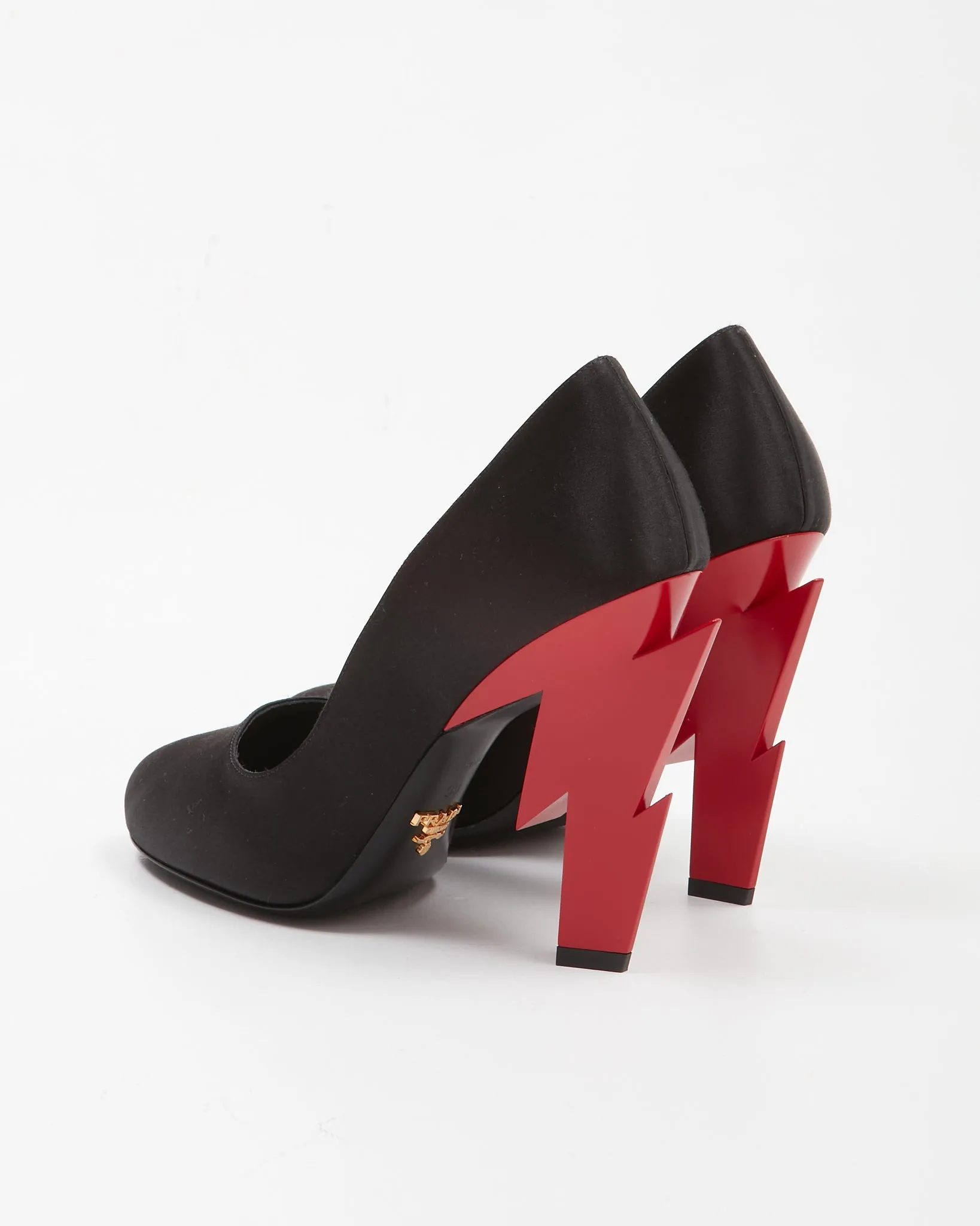 Prada Black Satin & Red Bolt Heel Pumps - 39