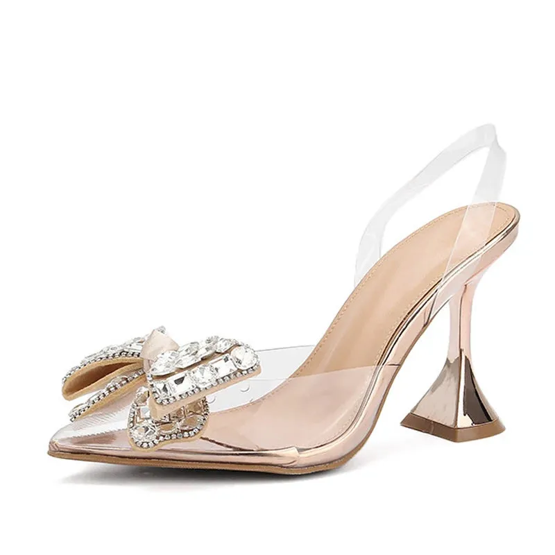 PVC Sexy Crystal Bowknot Pointed Toe  Slingback High Heels