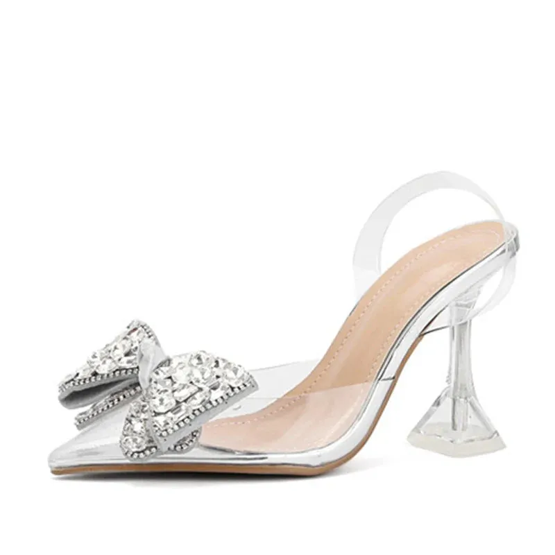 PVC Sexy Crystal Bowknot Pointed Toe  Slingback High Heels