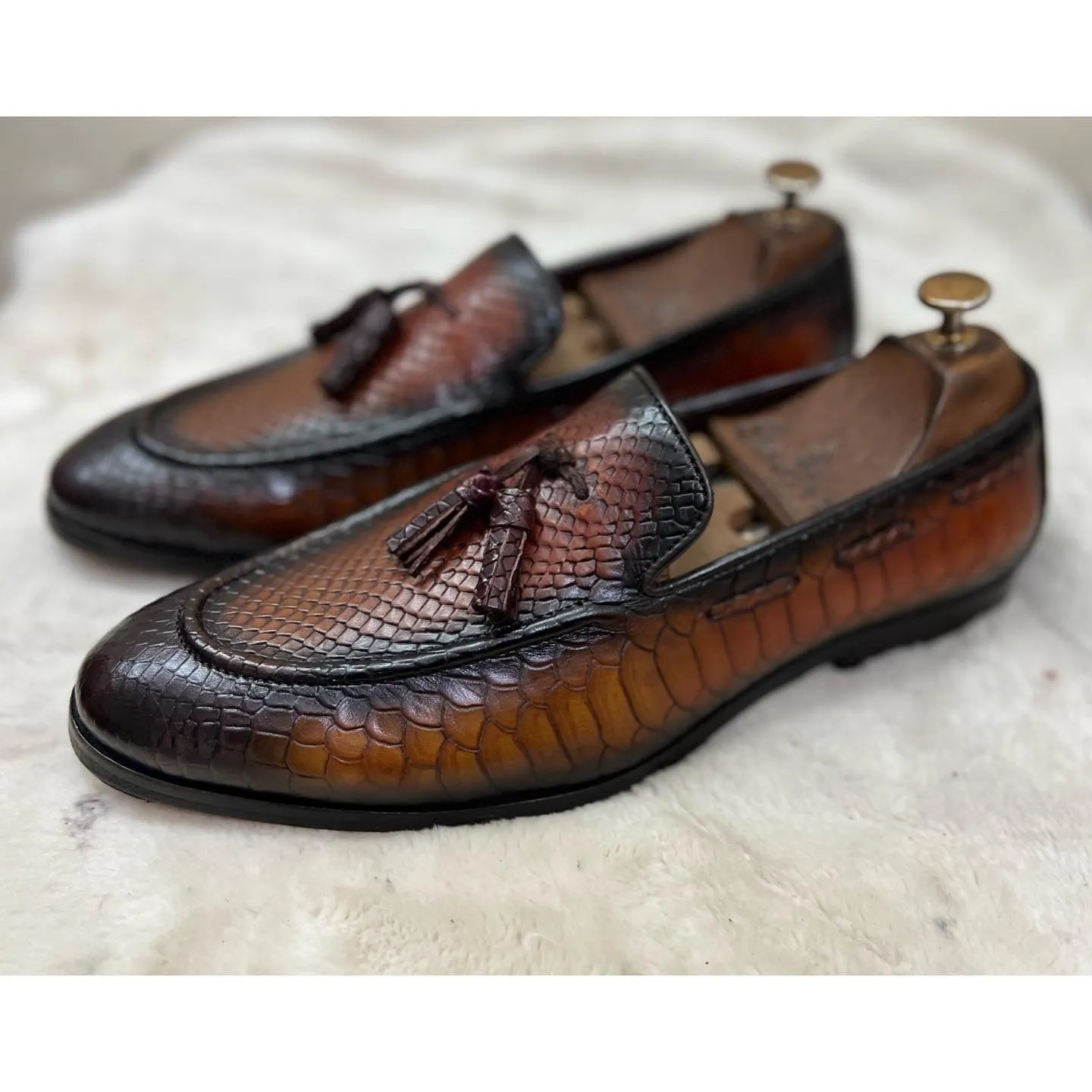 Python Embossed Loafers With Tassels Hand Finished