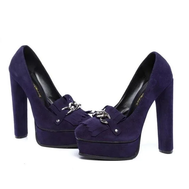 Quality genuine leather purple suede platform pumps women 14cm high heel dress shoesize35-42