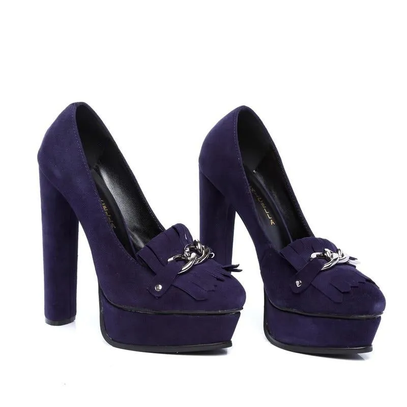Quality genuine leather purple suede platform pumps women 14cm high heel dress shoesize35-42