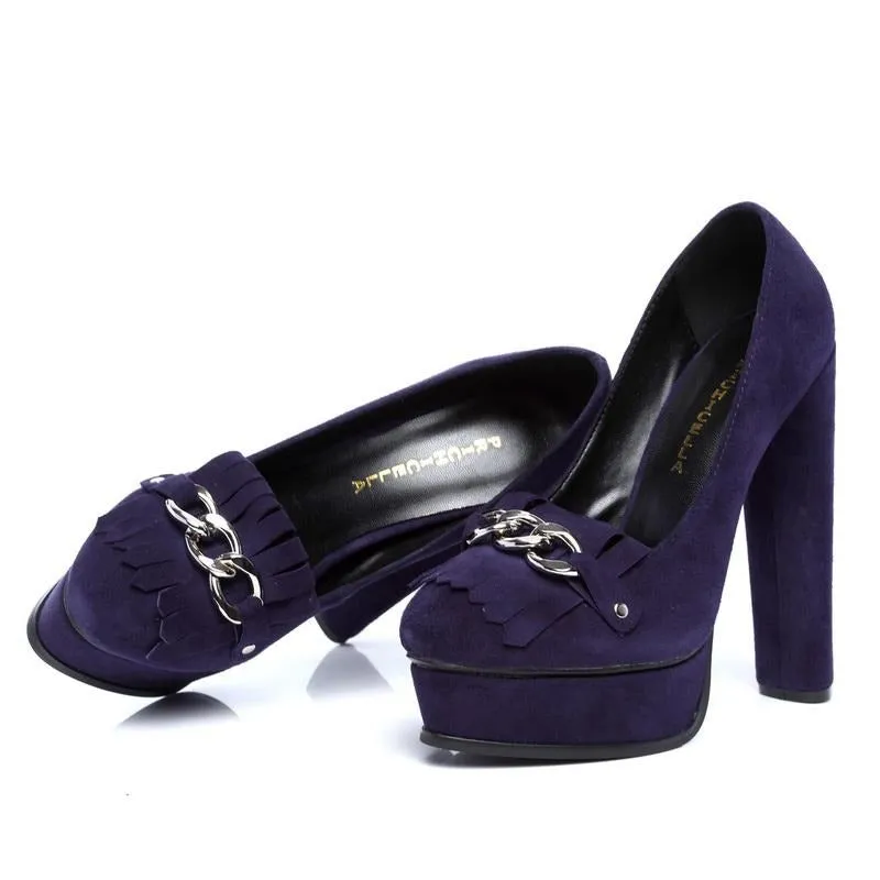 Quality genuine leather purple suede platform pumps women 14cm high heel dress shoesize35-42