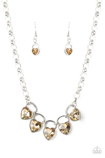 "Heart on your Heels" Silver Champagne Brown Rhinestone Heart Lockets Necklace Set