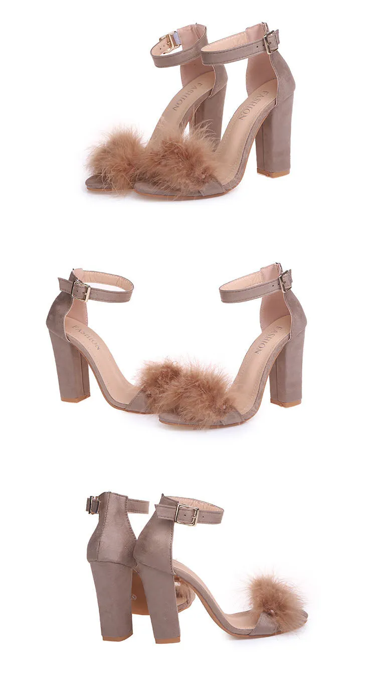 Rabbit Fur Buckle High Heel Sandals Female Fur