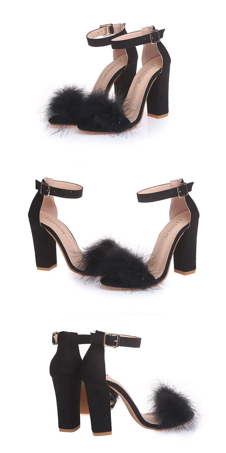 Rabbit Fur Buckle High Heel Sandals Female Fur
