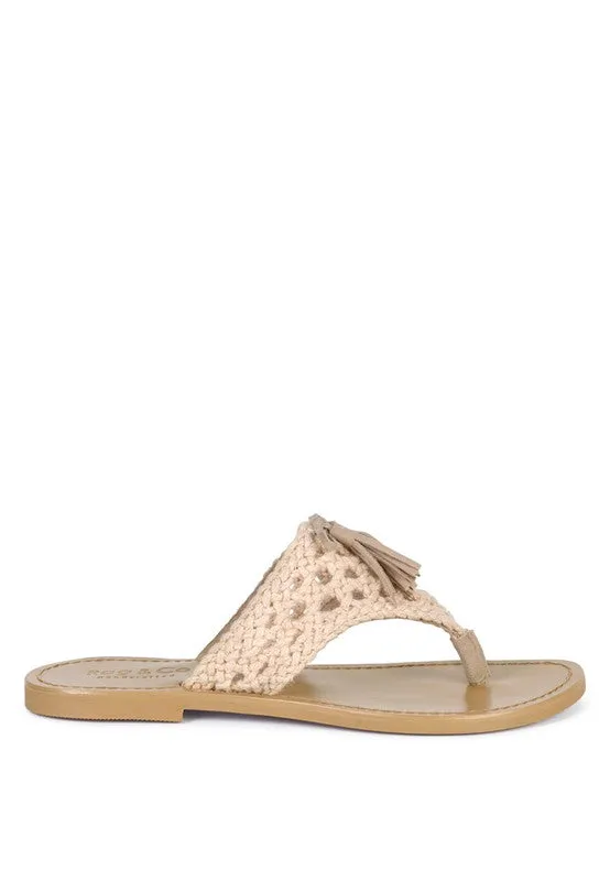Rag & Co Beech Handwoven Natural Suede Tassel Thong Flat Sandals