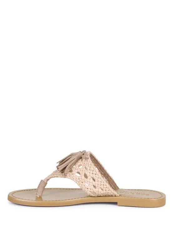 Rag & Co Beech Handwoven Natural Suede Tassel Thong Flat Sandals