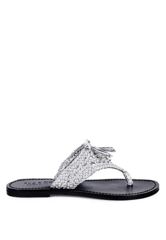 Rag & Co Beech Handwoven Natural Suede Tassel Thong Flat Sandals