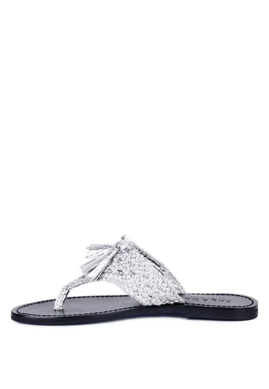 Rag & Co Beech Handwoven Natural Suede Tassel Thong Flat Sandals