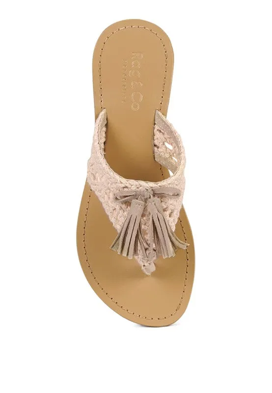 Rag & Co Beech Handwoven Natural Suede Tassel Thong Flat Sandals
