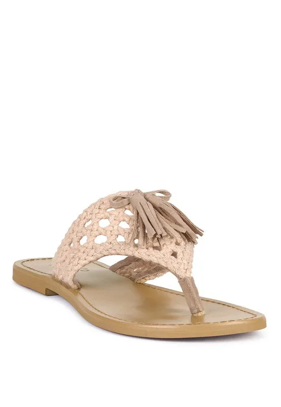 Rag & Co Beech Handwoven Natural Suede Tassel Thong Flat Sandals