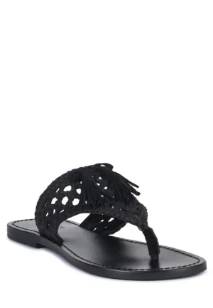 Rag & Co Beech Handwoven Natural Suede Tassel Thong Flat Sandals