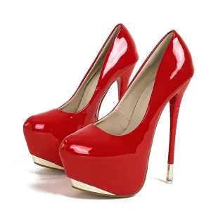 Red Leather Round Toe Metal Platform Pumps with 16CM High Heels for Women