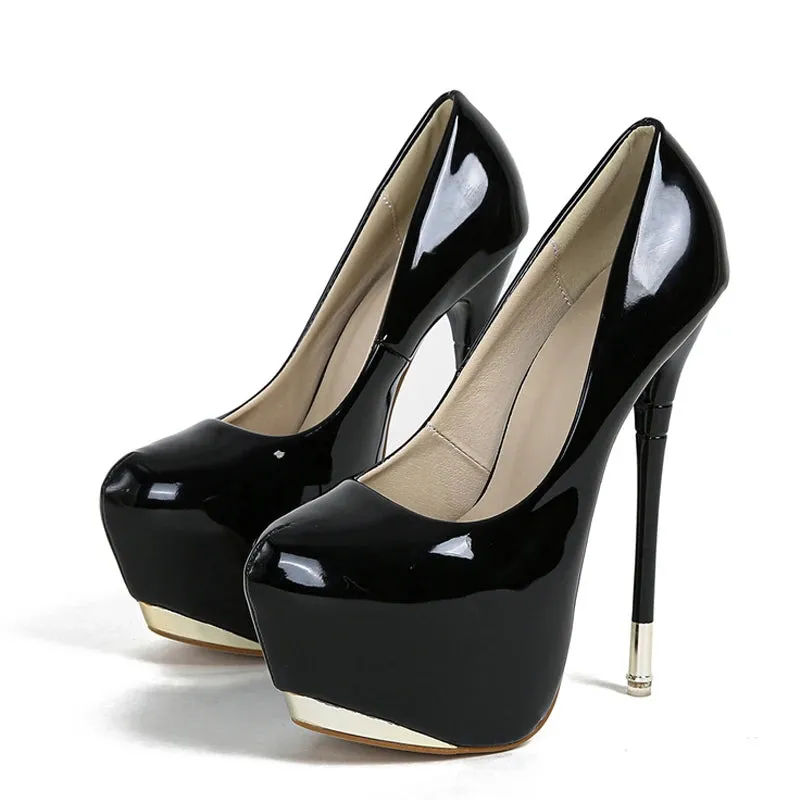 Red Leather Round Toe Metal Platform Pumps with 16CM High Heels for Women