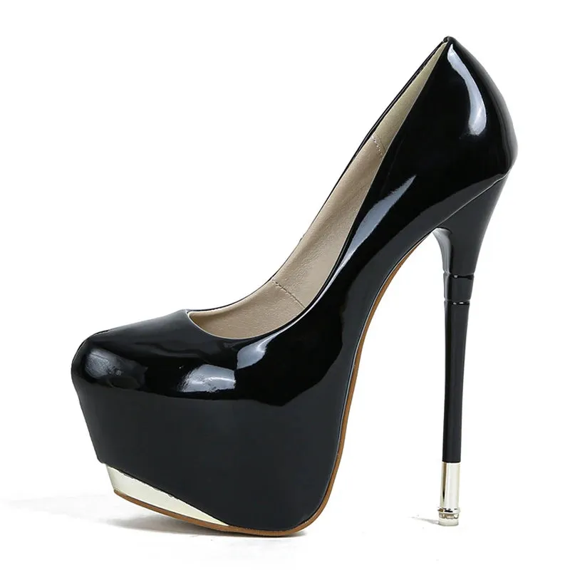 Red Leather Round Toe Metal Platform Pumps with 16CM High Heels for Women