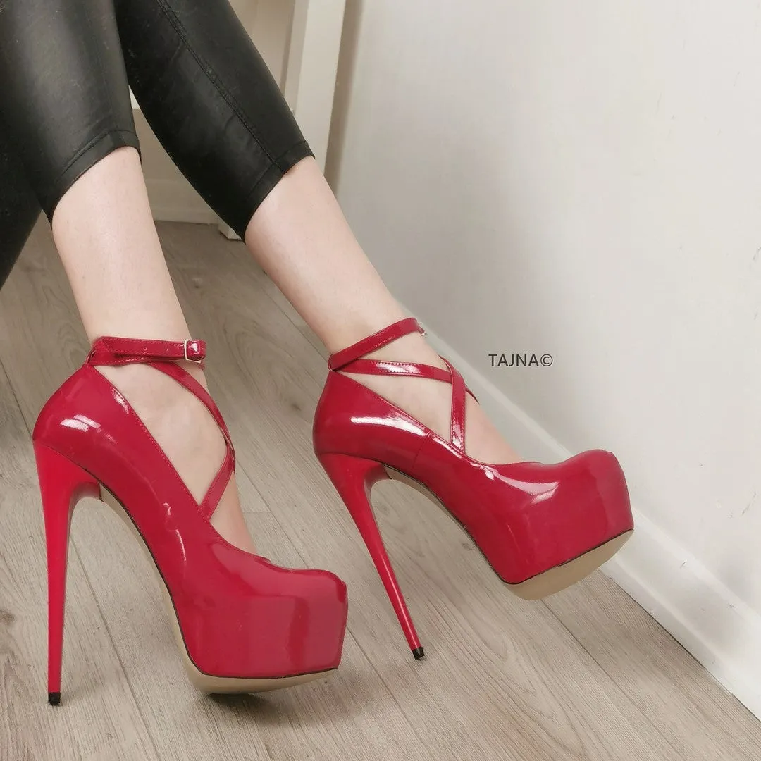Red Patent Cross Strap Pumps