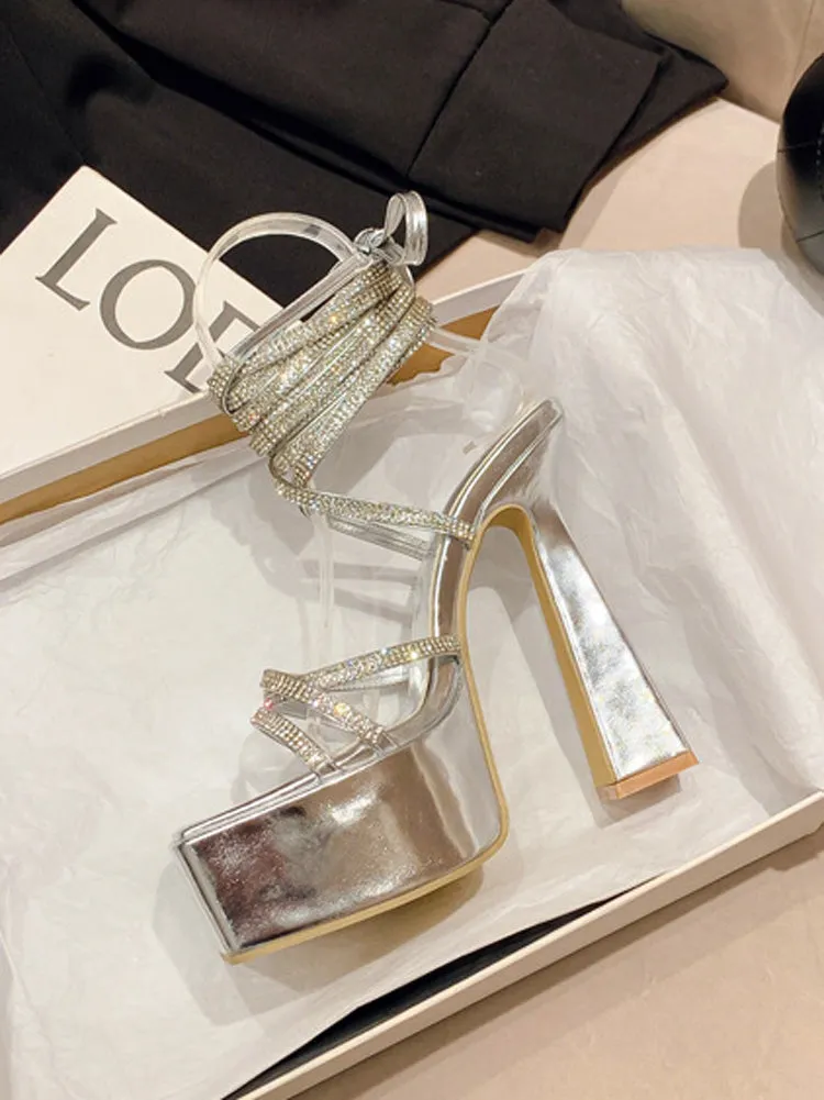 Rhinestone Lace-up Platform Heels