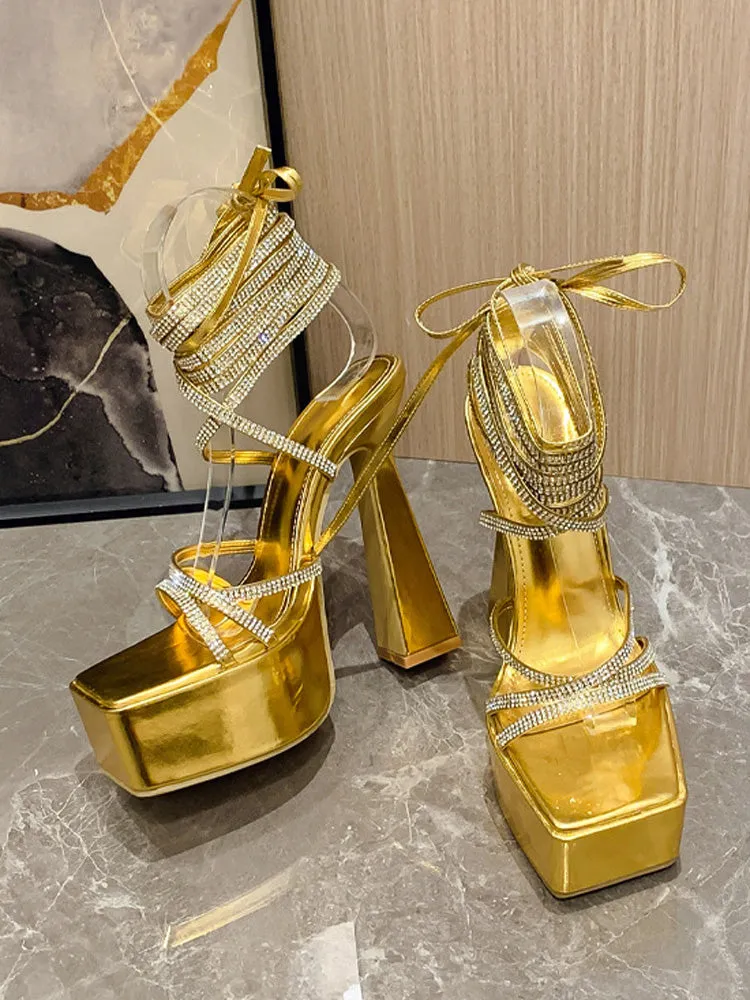 Rhinestone Lace-up Platform Heels