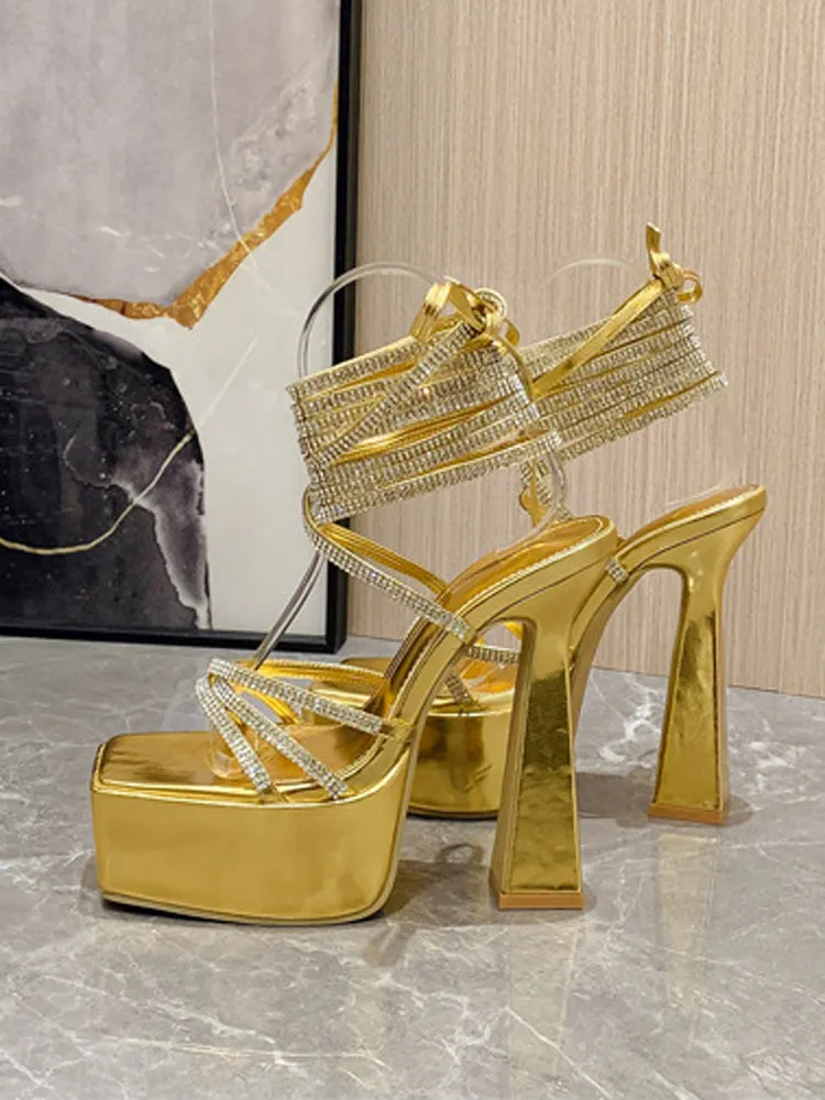 Rhinestone Lace-up Platform Heels