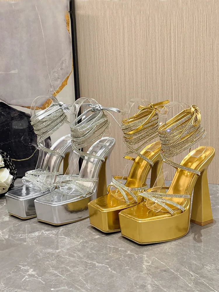 Rhinestone Lace-up Platform Heels