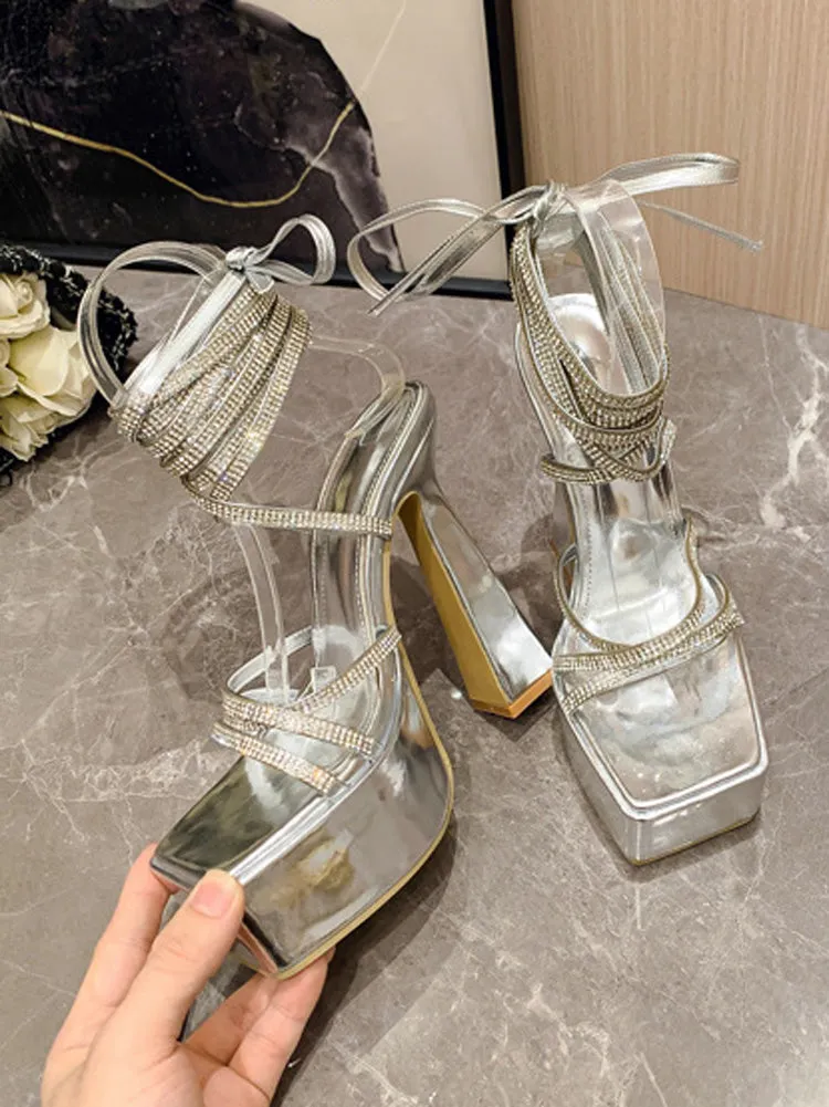 Rhinestone Lace-up Platform Heels