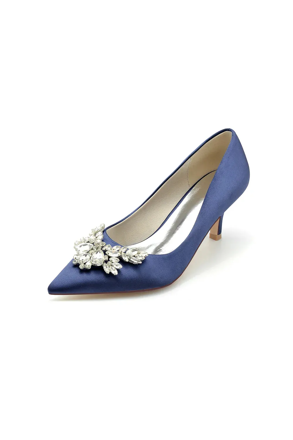 Rhinestone Pointed Toe Satin Kitten Heels