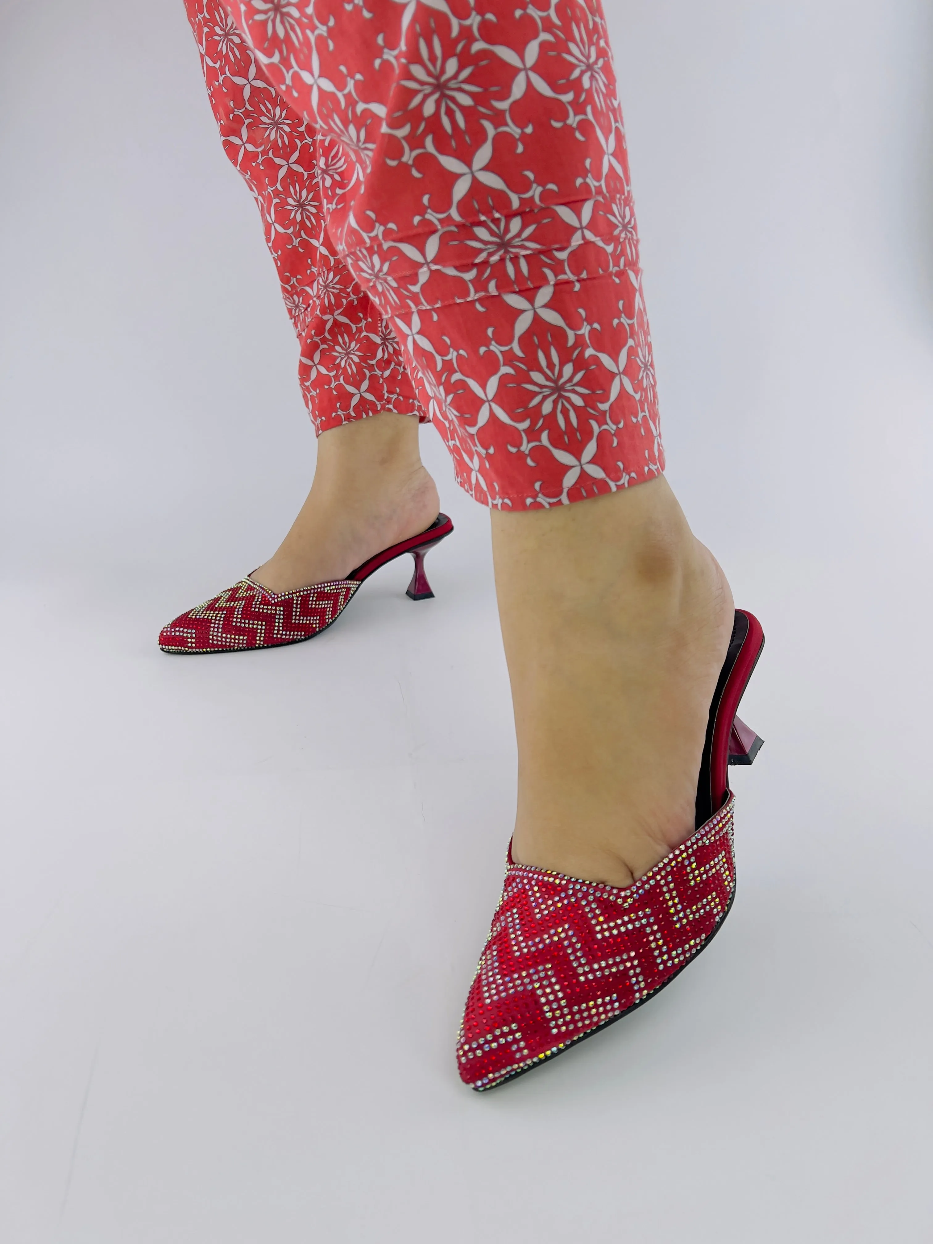 Ruby Diamond Stones Studded Embroidery Kitten Heel - 12003