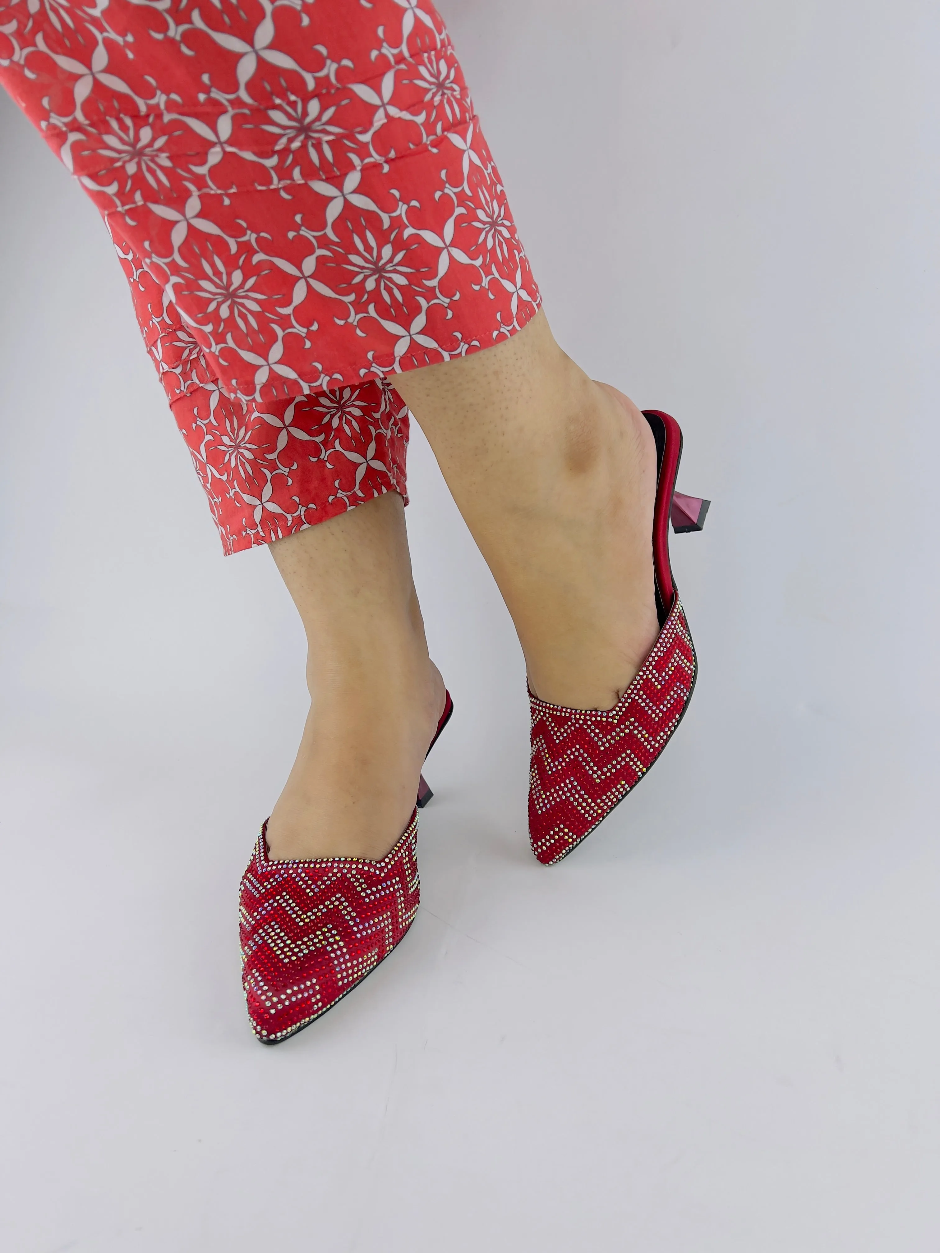 Ruby Diamond Stones Studded Embroidery Kitten Heel - 12003