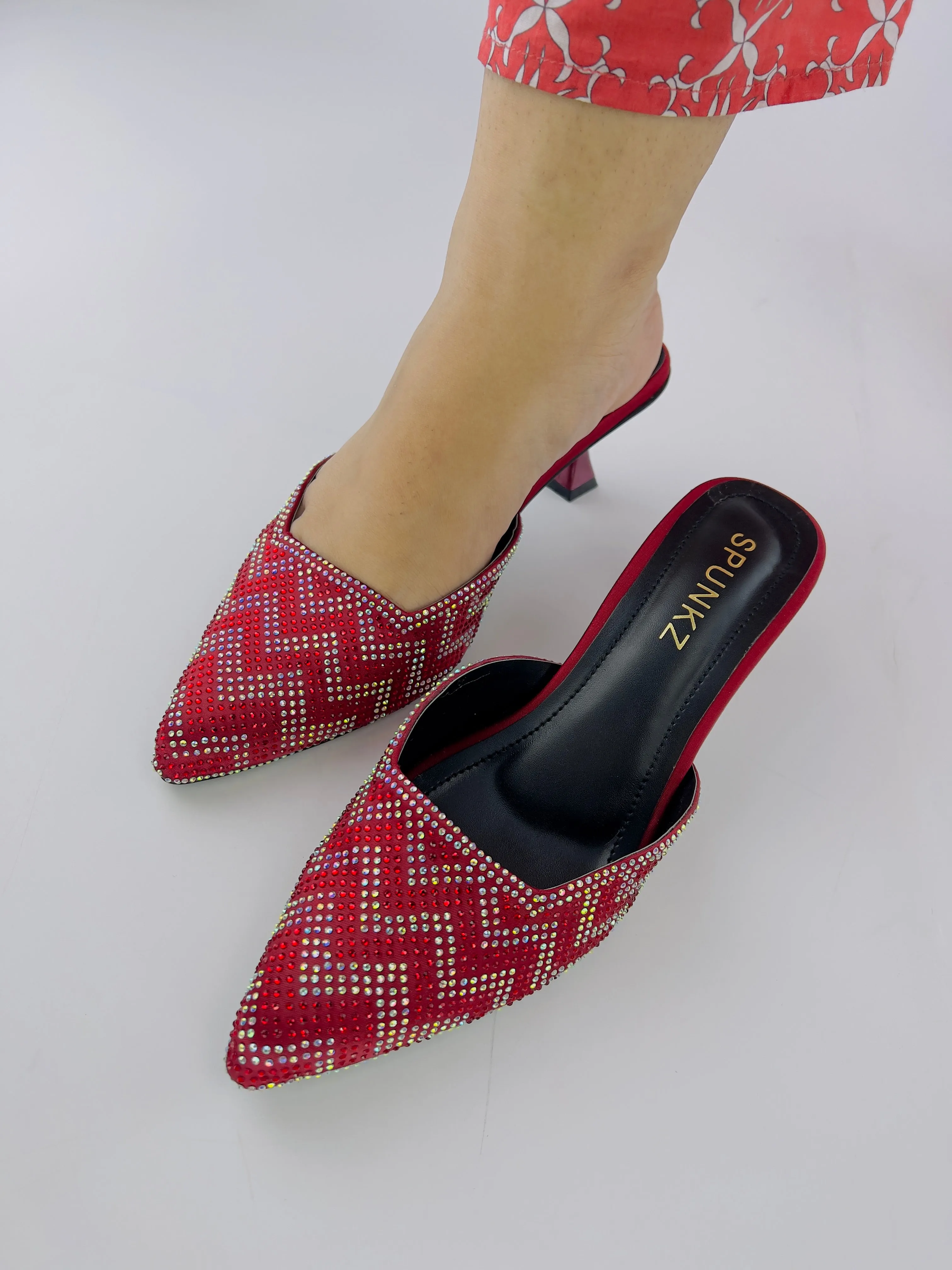 Ruby Diamond Stones Studded Embroidery Kitten Heel - 12003