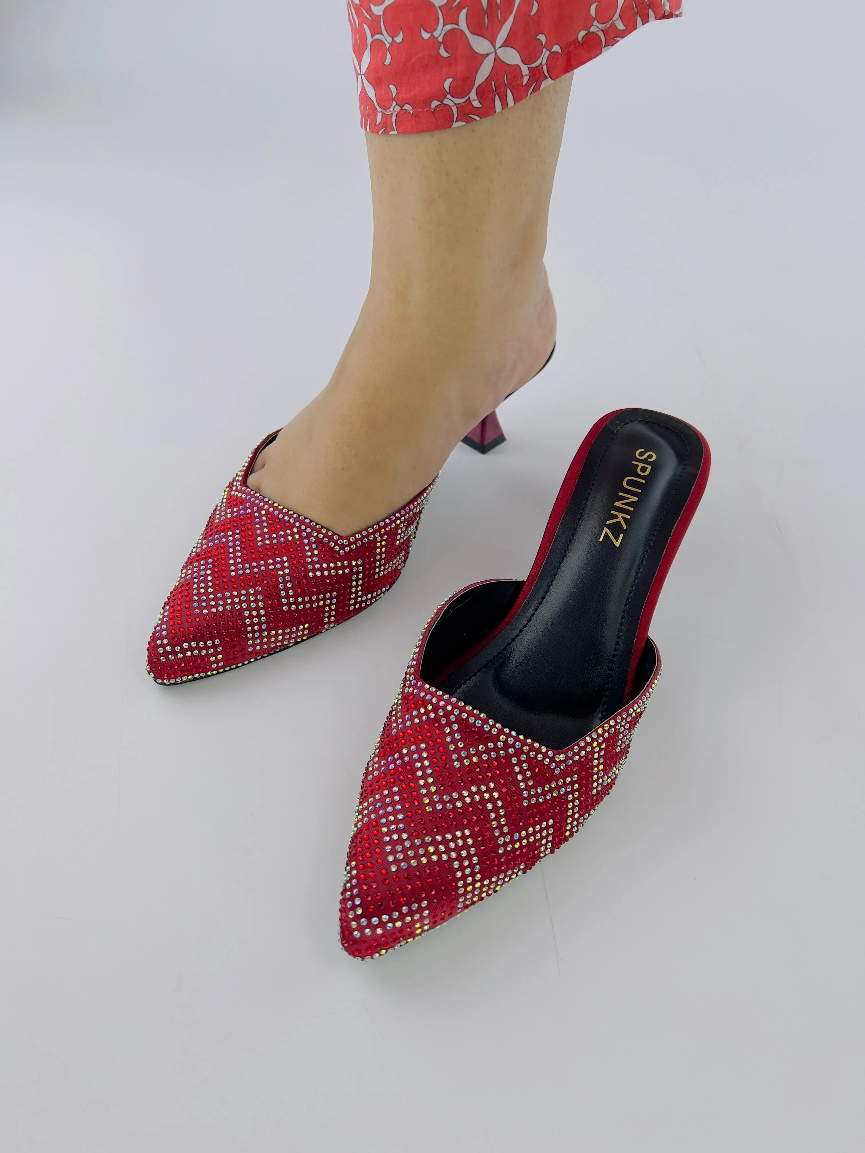 Ruby Diamond Stones Studded Embroidery Kitten Heel - 12003