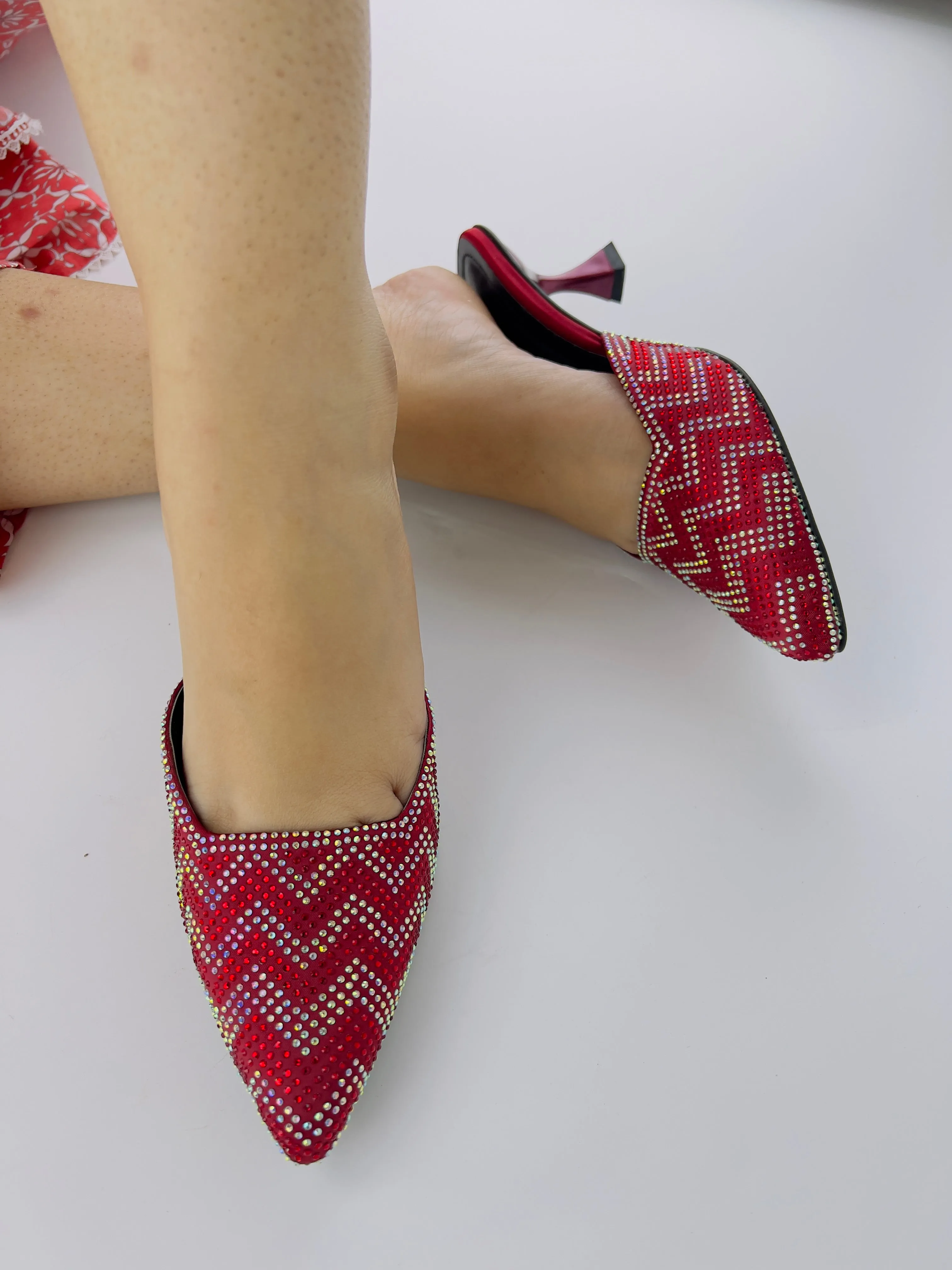 Ruby Diamond Stones Studded Embroidery Kitten Heel - 12003