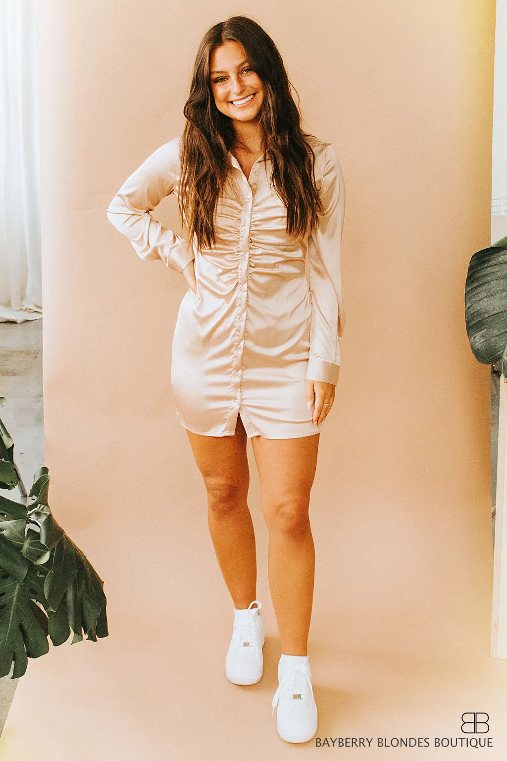 Ruched Button Down Dress-Champaign