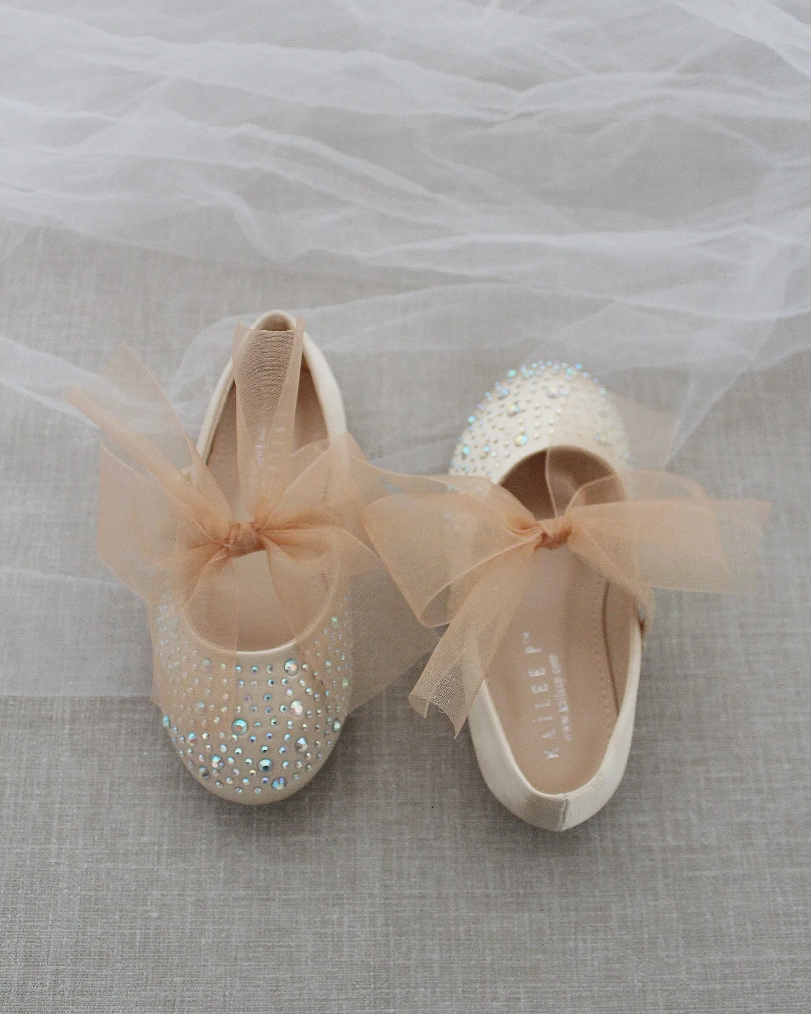 Satin Mary Jane Flats with Rhinestones Embellishment and Champagne Chiffon Bow