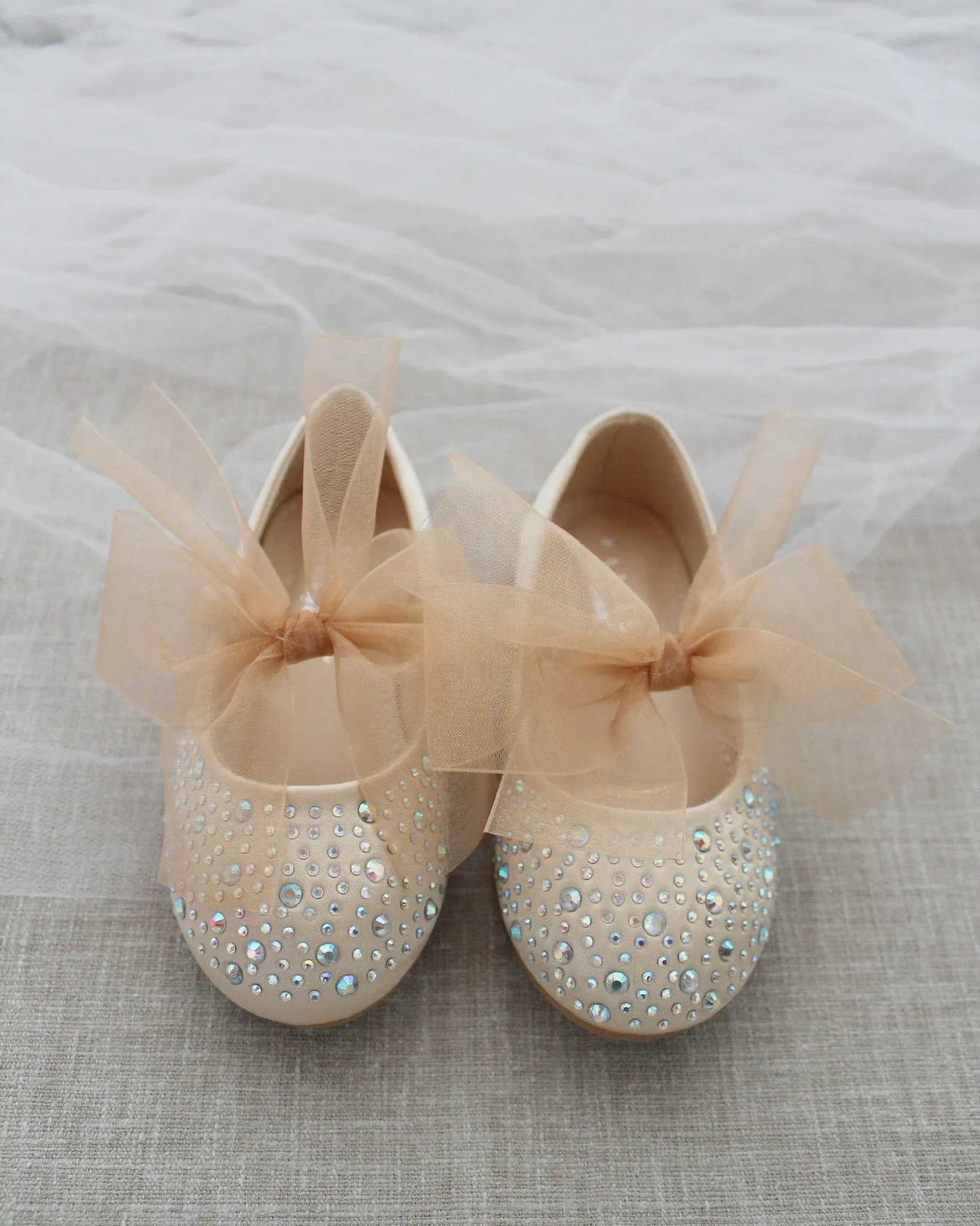 Satin Mary Jane Flats with Rhinestones Embellishment and Champagne Chiffon Bow