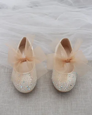 Satin Mary Jane Flats with Rhinestones Embellishment and Champagne Chiffon Bow