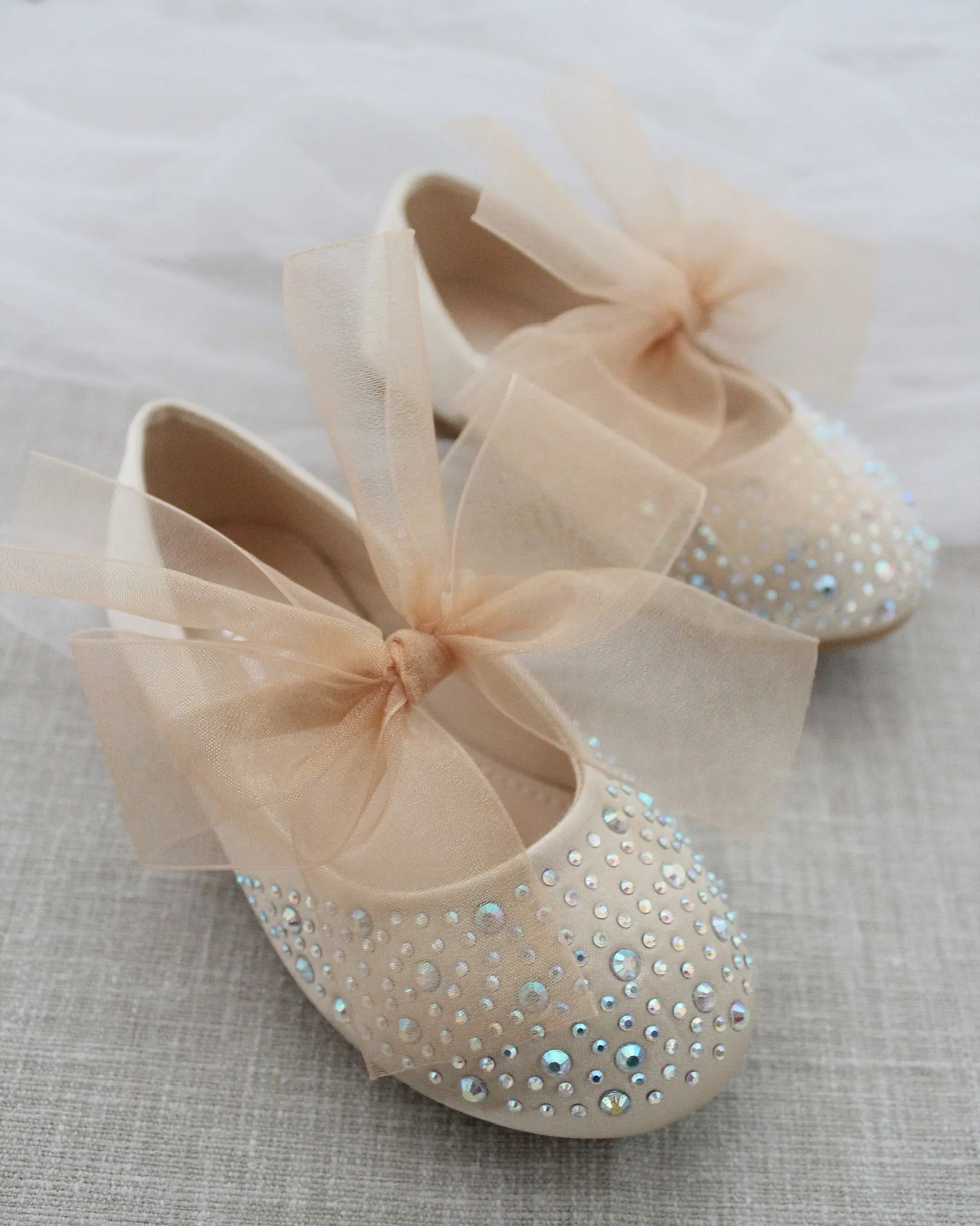 Satin Mary Jane Flats with Rhinestones Embellishment and Champagne Chiffon Bow