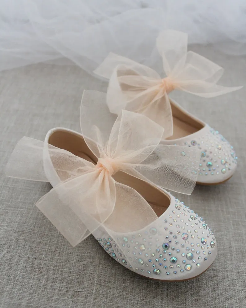 Satin Mary Jane Flats with Rhinestones Embellishment and Chiffon Bow