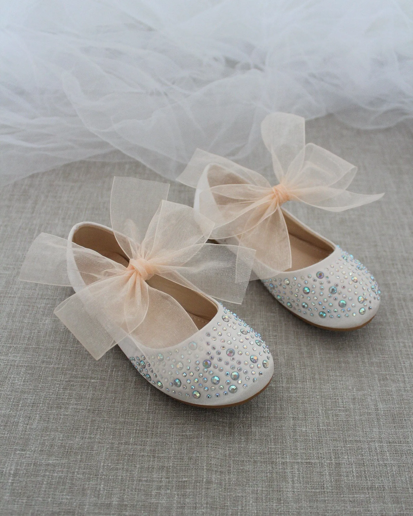 Satin Mary Jane Flats with Rhinestones Embellishment and Chiffon Bow