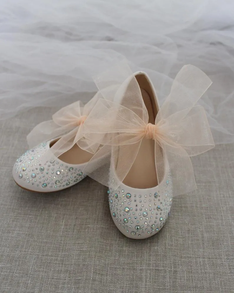 Satin Mary Jane Flats with Rhinestones Embellishment and Chiffon Bow