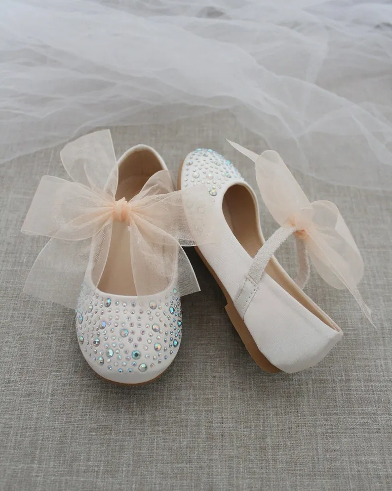 Satin Mary Jane Flats with Rhinestones Embellishment and Chiffon Bow
