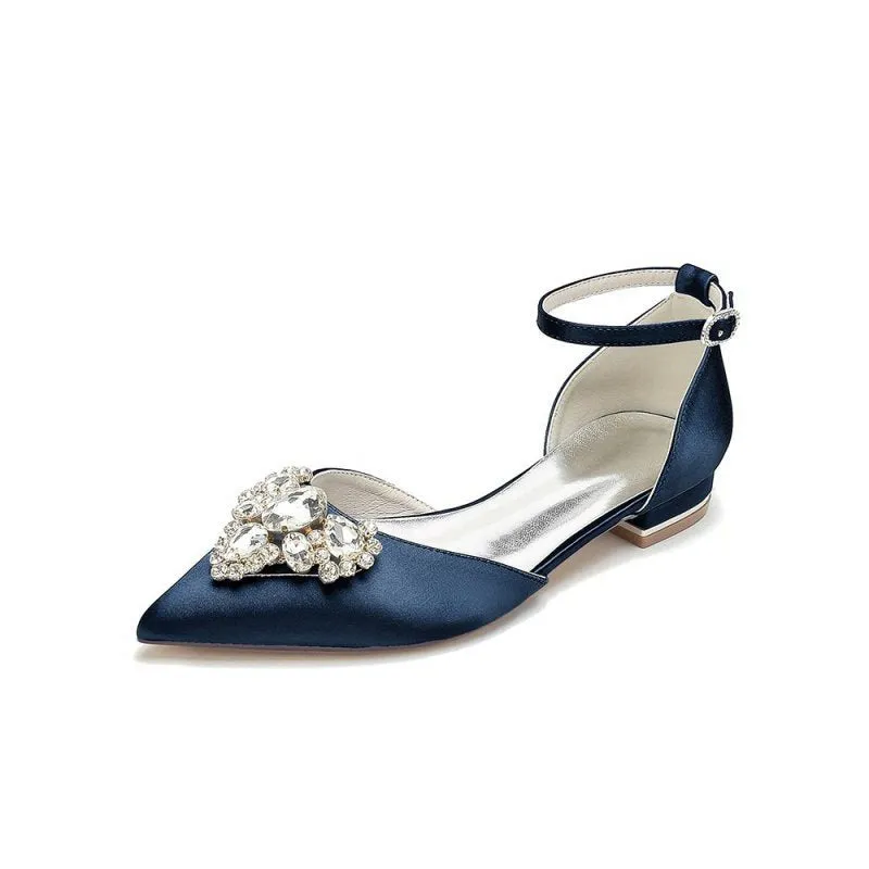 Satin Pointed Toe Ankle Strap Rhinestone Kitten Heels
